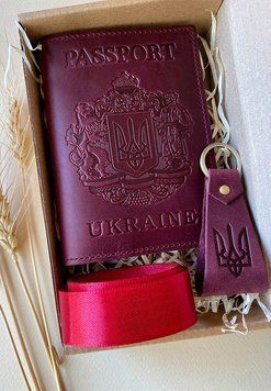 Подарочный набор кожаных аксессуаров с украинской символикой бордовый BN-SET-42-UA-vin-kr фото